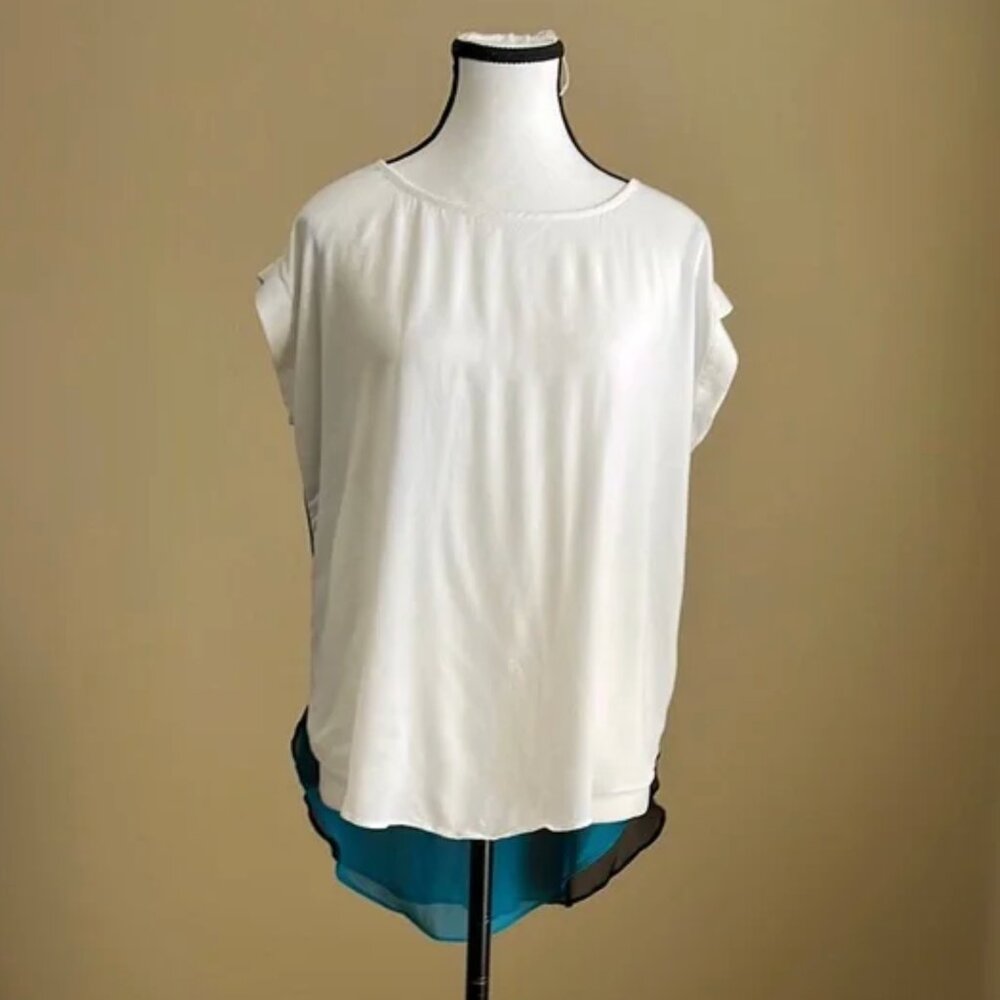 ARYN K. - Silk and Viscose Colorblock Layered Top in White Black and Teal - M